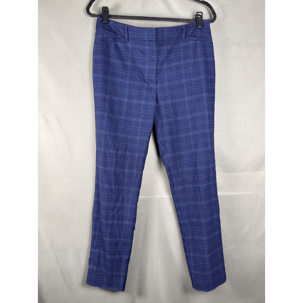 White House Black Market Slim Ankle Pants Women 8 Navy Blue Grid Plaid Split Hem